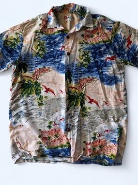 Vintage Hilo Hattie Men's Hawaiian Button-Down Shirt - Blue, Cream & Red
